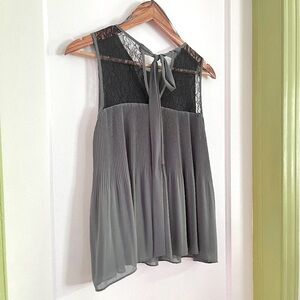 Sage Green Pleated Top with Sheer Lace and Ribbon Tie